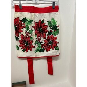 Christmas Holiday Apron, Poinsettias, Terry‎ Cloth Handmade, Small 16" Long